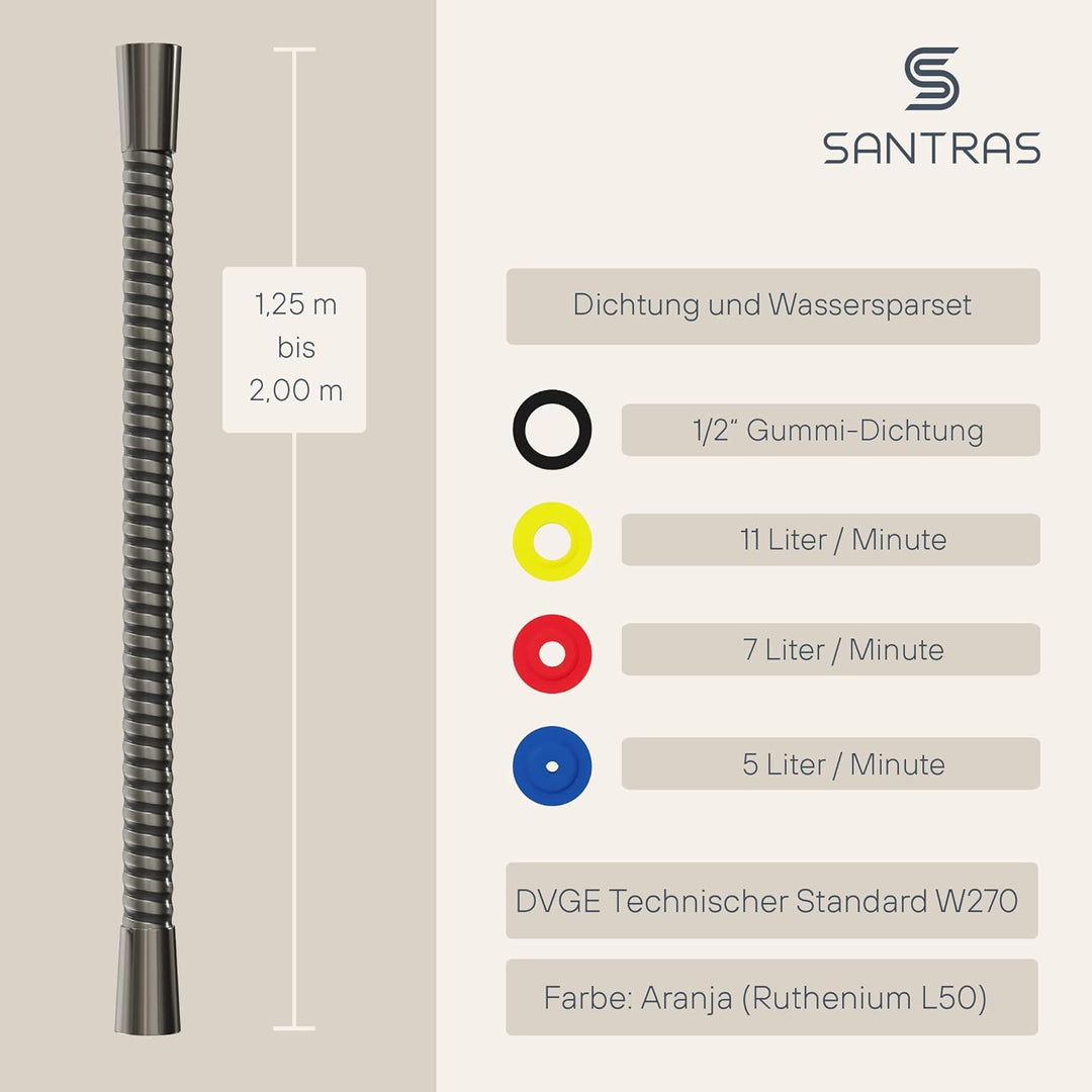 SANTRAS® Duschschlauch PREMIUM Aranja 2,00 m mit Durchflussbegrenzer – Besonders flexibler Brausesch