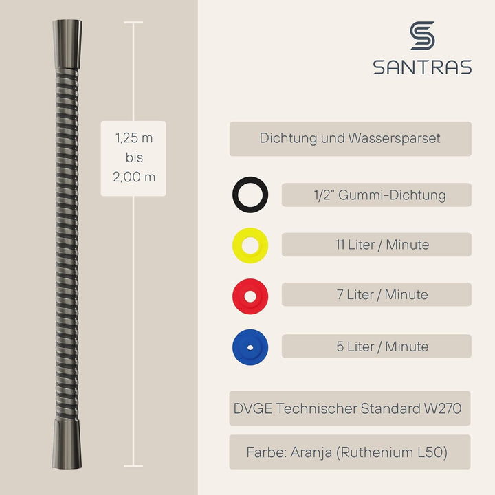 SANTRAS® Duschschlauch PREMIUM Aranja 2,00 m mit Durchflussbegrenzer – Besonders flexibler Brausesch
