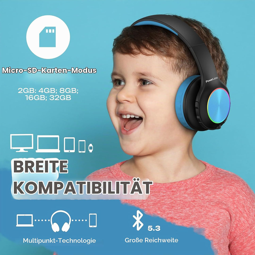 Kinderkopfhörer Bluetooth, PowerLocus Kinder Kopfhörer Kabellos mit LED-Leuchten 74/85/94dB Lautstär