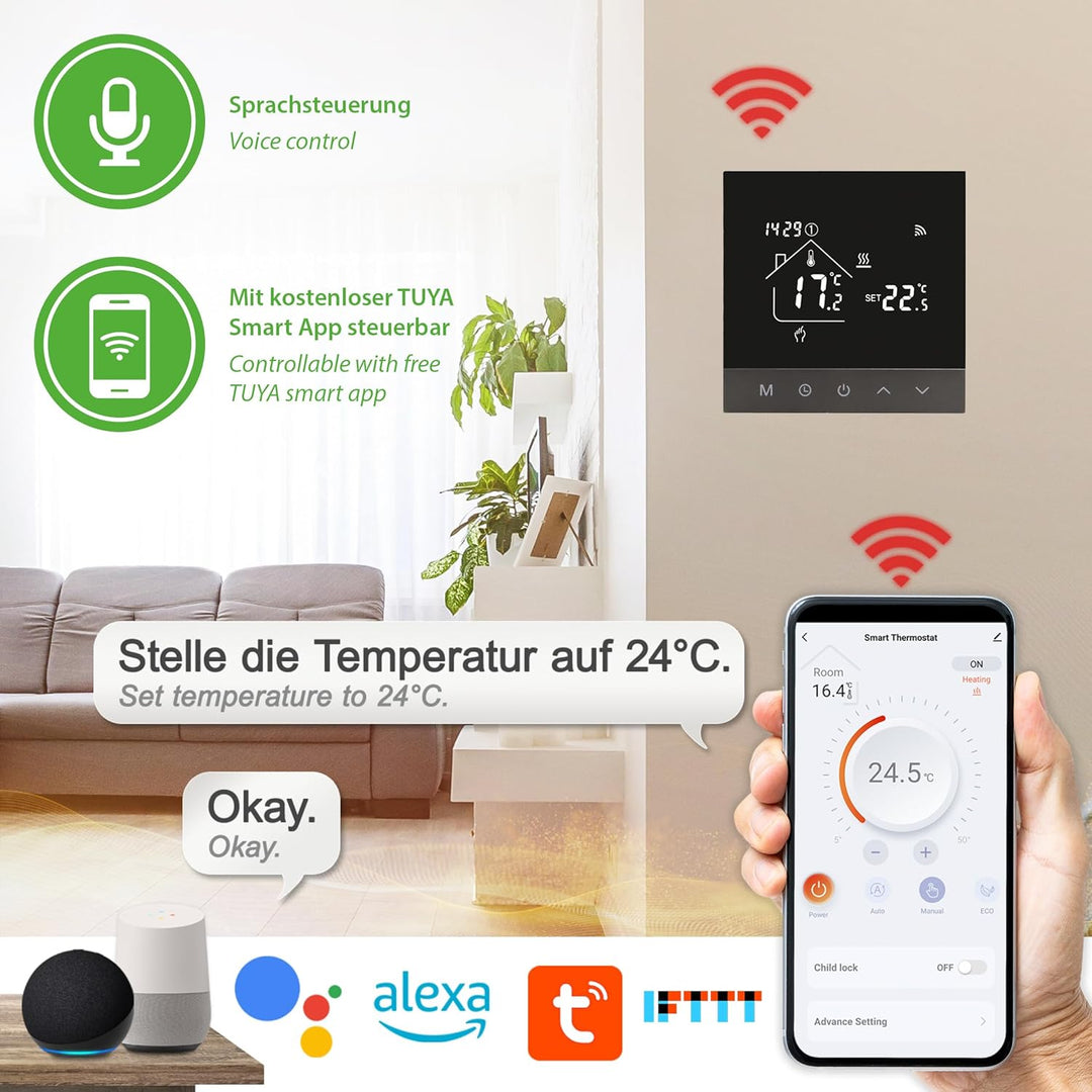 TH215 WiFi Thermostat Raumregler mit Tuya Smart App – für elektrische Fussbodenheizung, NC/NO Stella