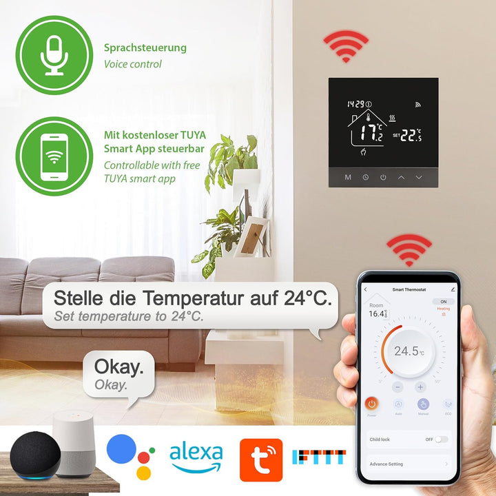 TH215 WiFi Thermostat Raumregler mit Tuya Smart App – für elektrische Fussbodenheizung, NC/NO Stella