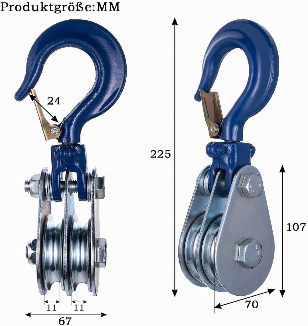 1 Ton Doppelte Umlenkrolle mit Kugellager und Haken, Umlenkrollen für 10mm Seile Stahlseil, für Fors