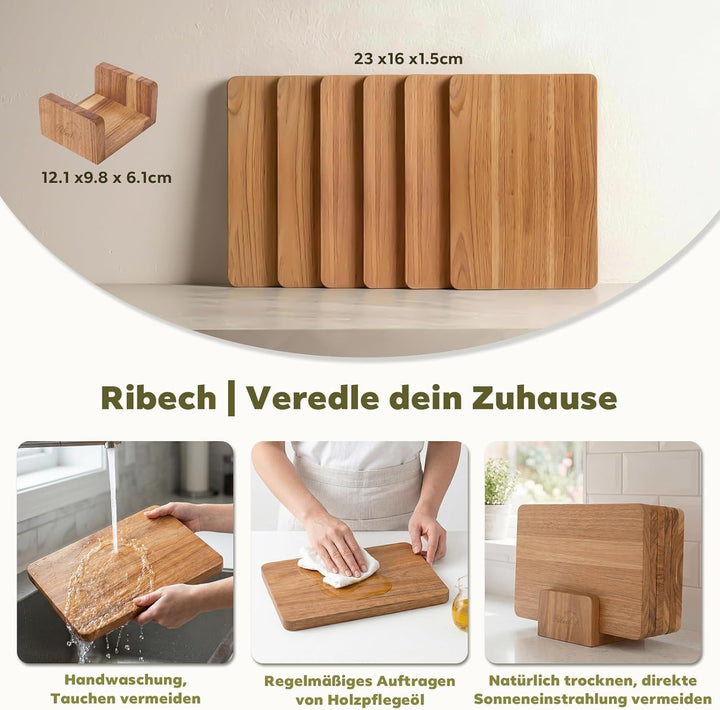 Frühstücksbrett Set 6-teilig aus Akazienholz inklusive Aufbewahrungsständer | Kleine Holzschneidebre