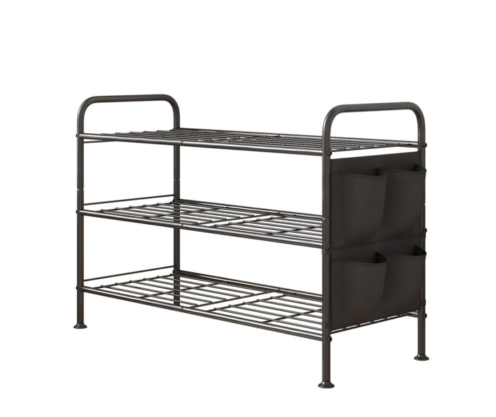 Schuhregal 3 Ebenen Schuhaufbewahrung Organizer Metall mit Seitentaschen für Flur, Schlafzimmer Schw