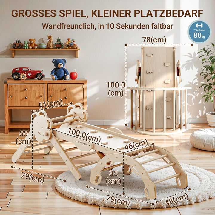 COSYLAND Klettergerüst Indoor L – Grosses Kletterdreieck Set mit Kletterbogen & Rutsche – 8-in-1 Mas