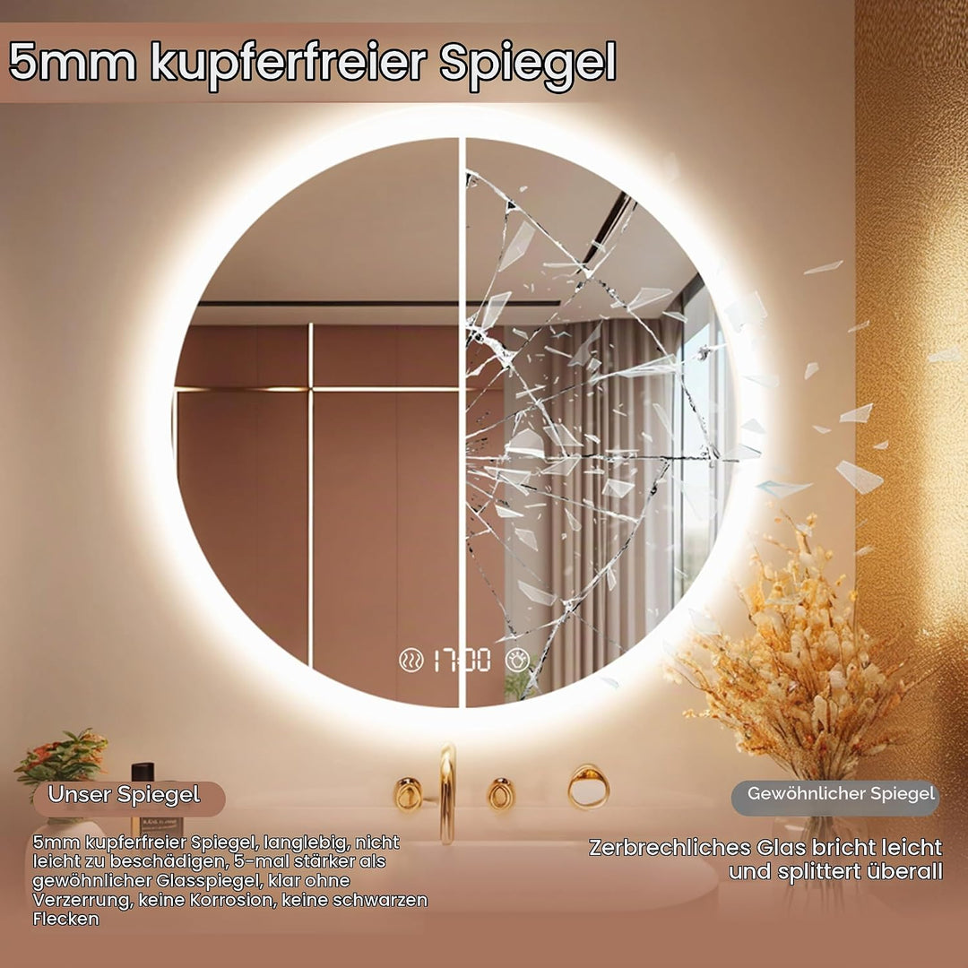 Habison Rund LED Badspiegel mit Beleuchtung 70 x 70cm LED Badezimmerspiegel Wandspiegel mit Uhrzeit