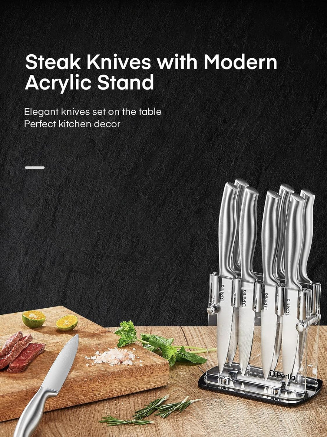 D.Perlla Steakmesser, Steakmesser Set 9-teilig，Scharfes Steakmesserset mit ergonomischem Griff, 8 St