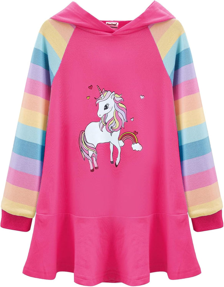 TiaoBug Mädchen Kapuzenpullover Langarm Sweatkleid mit Kapuze Einhörner Aufdruck Hoodie Cartoon Top