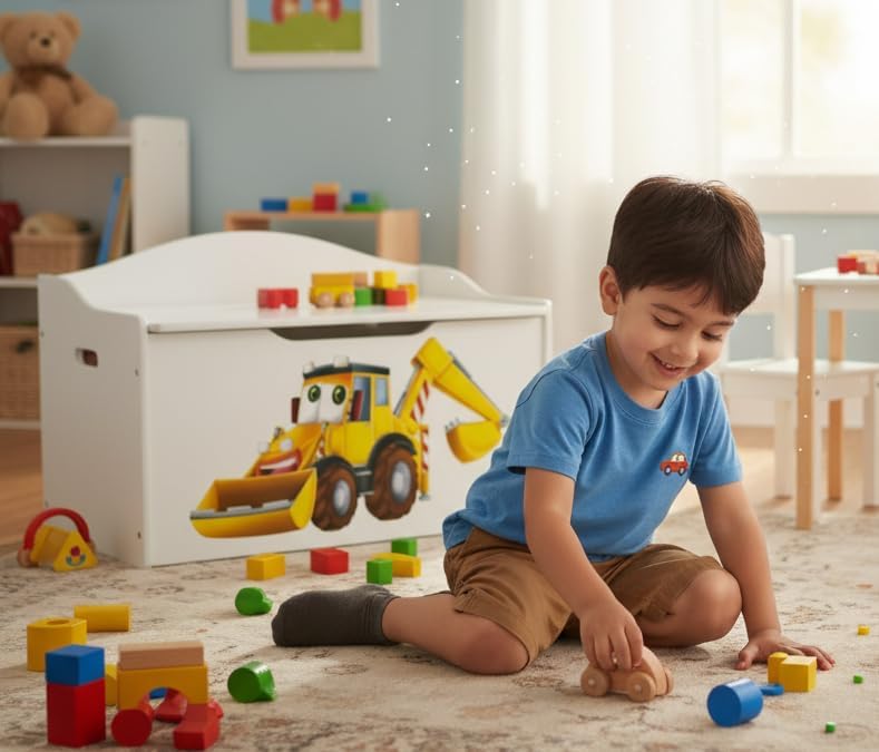 Leomark Kinderbank Hölzerne Bagger XL Kindertruhenbank Behälter für Spielzeug Truhe für Kinderzimmer