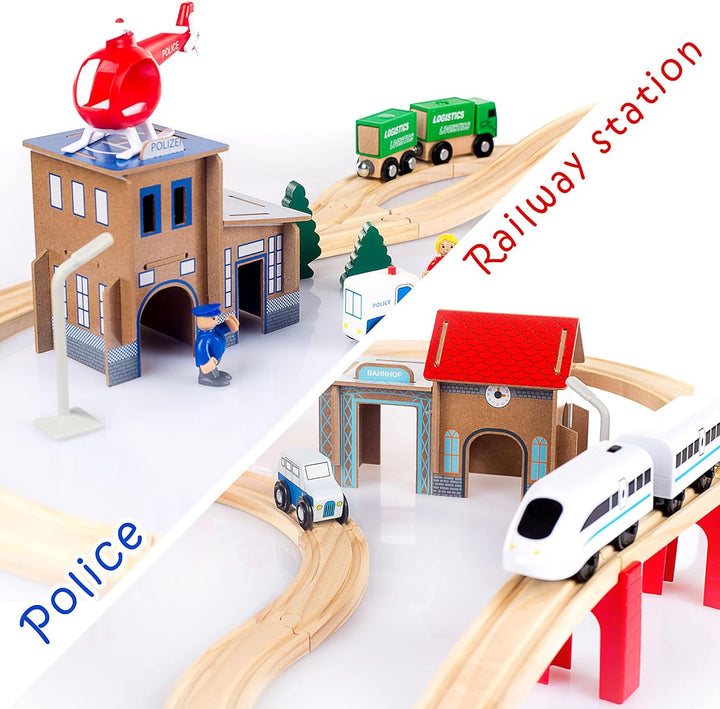 Green series Holzeisenbahn Set für Kinder - Eisenbahn Holz | Spielzeug Zug | Polizeistation, Autobah