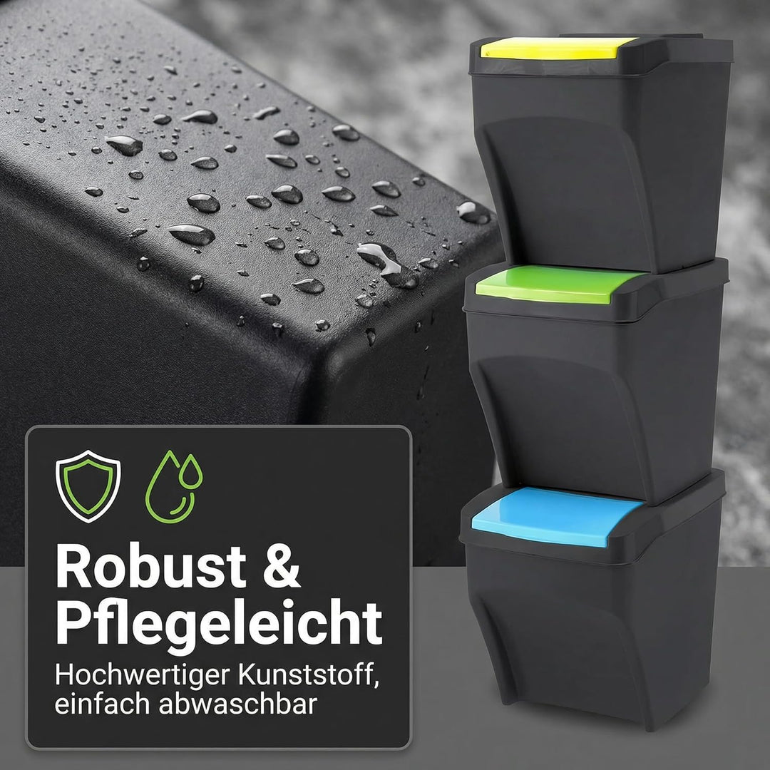 Practic 3 x 25L Mülleimer Küche Stapelbox 3 Fächer - Mülltonnenbox 3er - Abfalleimer Küche mit Decke
