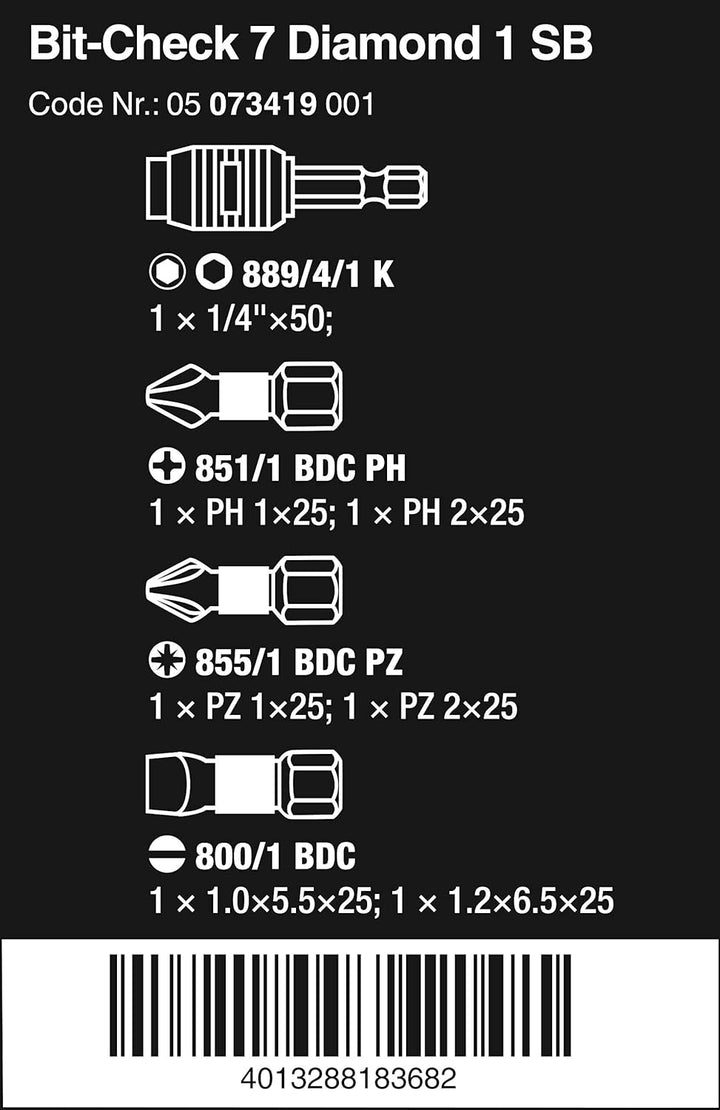 Wera Bit-Sortiment, Bit-Check 7 Diamond 1 SB, 7-teilig, 1 Stück, 05073419001, Bit-Check 7 Diamond 1