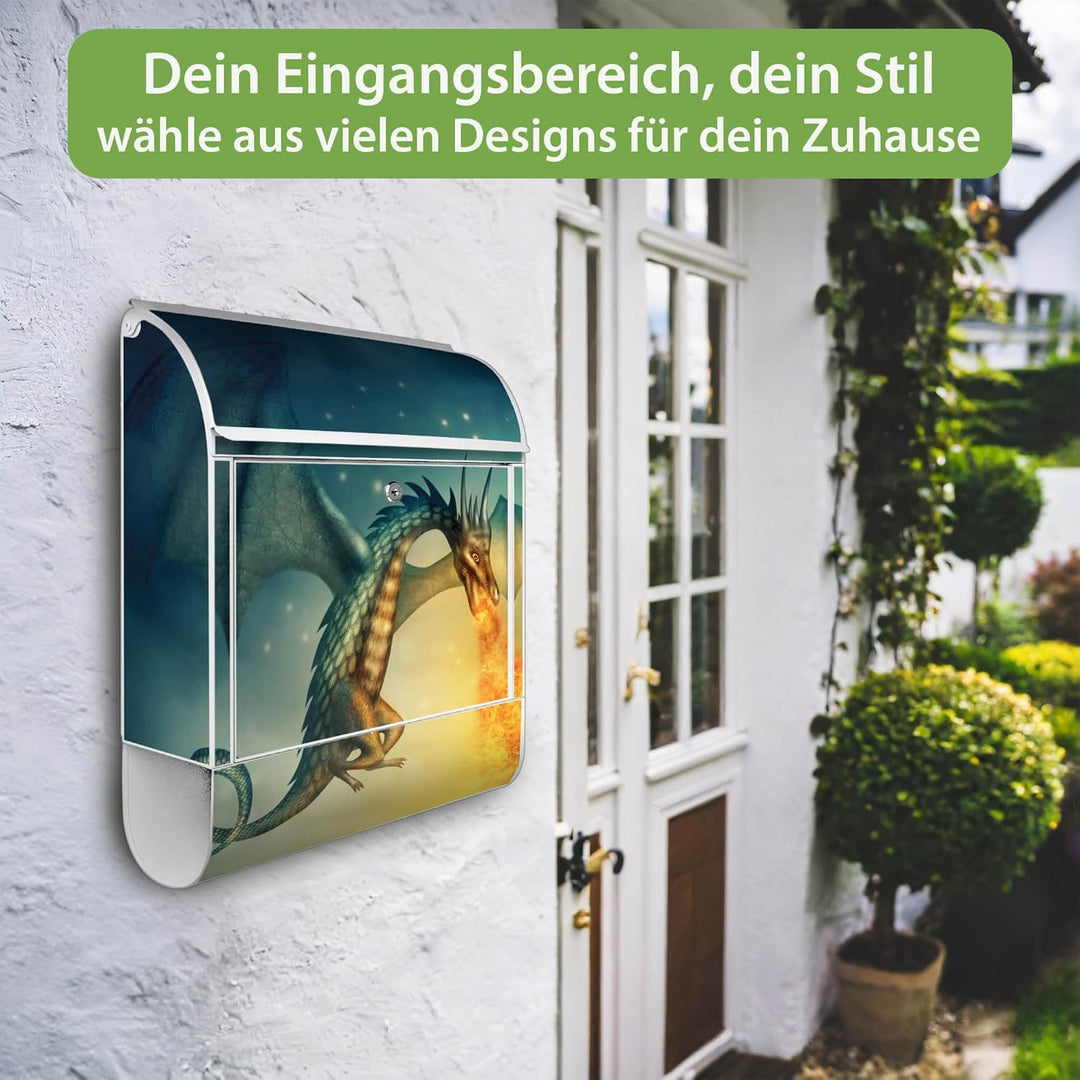 banjado® Design Briefkasten mit Motiv Drachen 39x47x14cm &amp; 2 Schlüssel - Briefkasten Stahl weiss mit