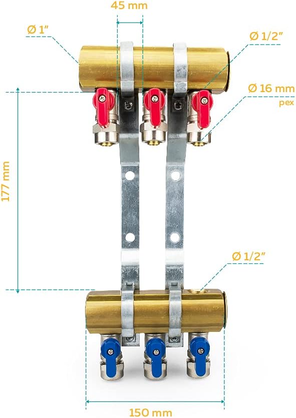 Messing Heizkreisverteiler 3 Heizkreise Set mit 6 x PEX Kugelhahn mit Klemmring 16mm x 1/2" AG & 2 x