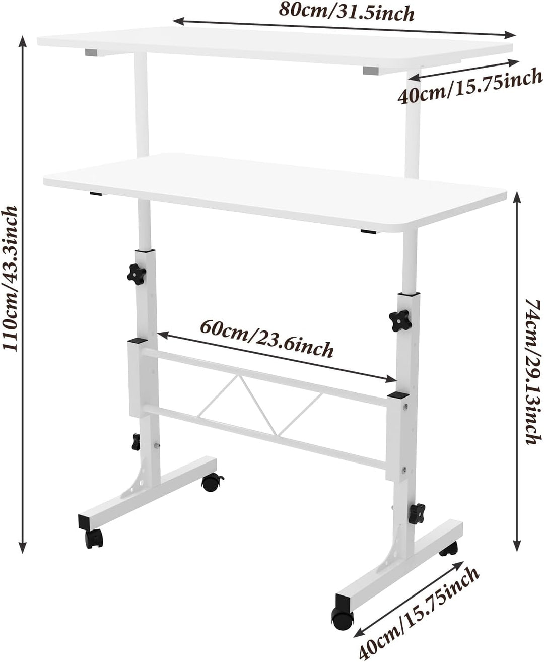PIPIPOXER 80x40cm Laptoptisch mit Rollen, Laptoptisch Höhenverstellbarer 69-110 cm, Computertisch Mo