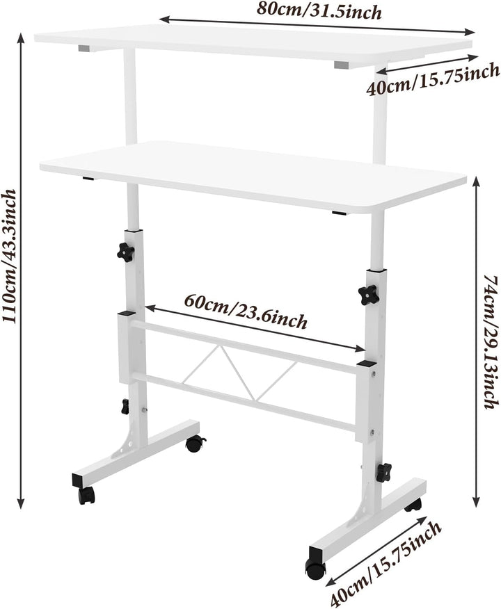 PIPIPOXER 80x40cm Laptoptisch mit Rollen, Laptoptisch Höhenverstellbarer 69-110 cm, Computertisch Mo