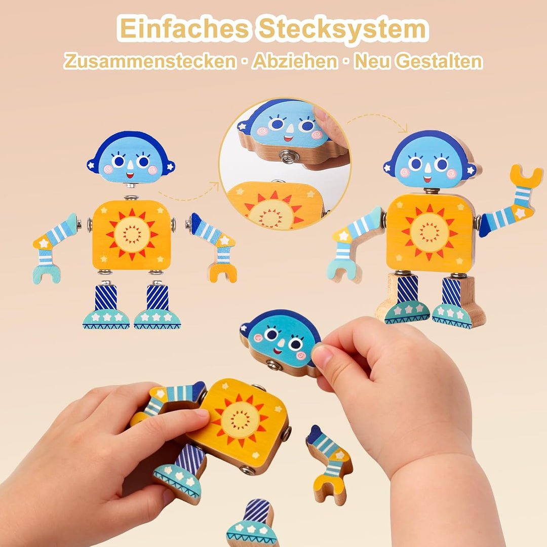 Montessori Spielzeug ab 3 Jahre, 33-TLG. Holz-Roboter-Bauset | Einfaches Stecksystem mit beweglichen