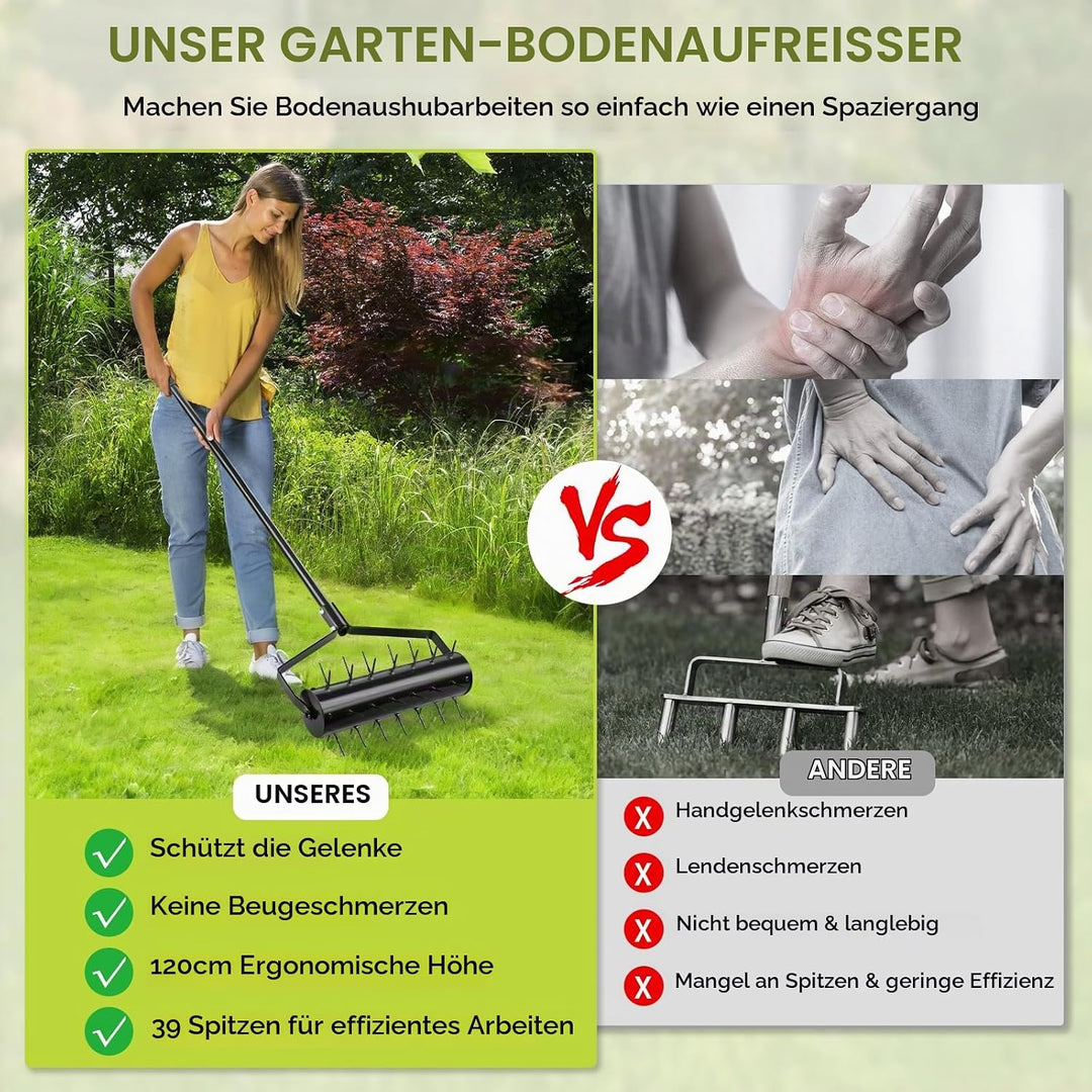 Rasenbelüfter Manuell Rollender Aerifizierer 44 x 141cm Handvertikutierer mit 39 Nägeln (5,8cm) und