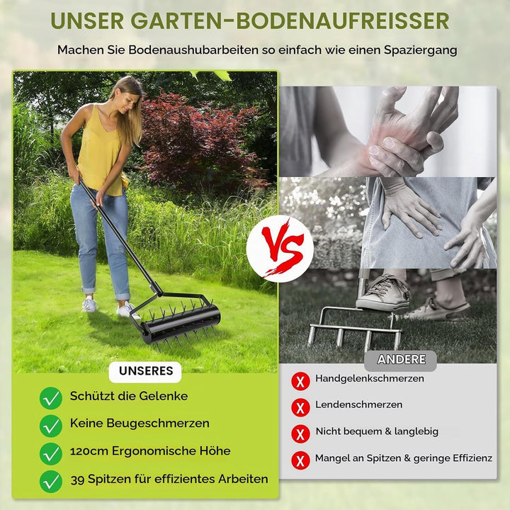 Rasenbelüfter Manuell Rollender Aerifizierer 44 x 141cm Handvertikutierer mit 39 Nägeln (5,8cm) und
