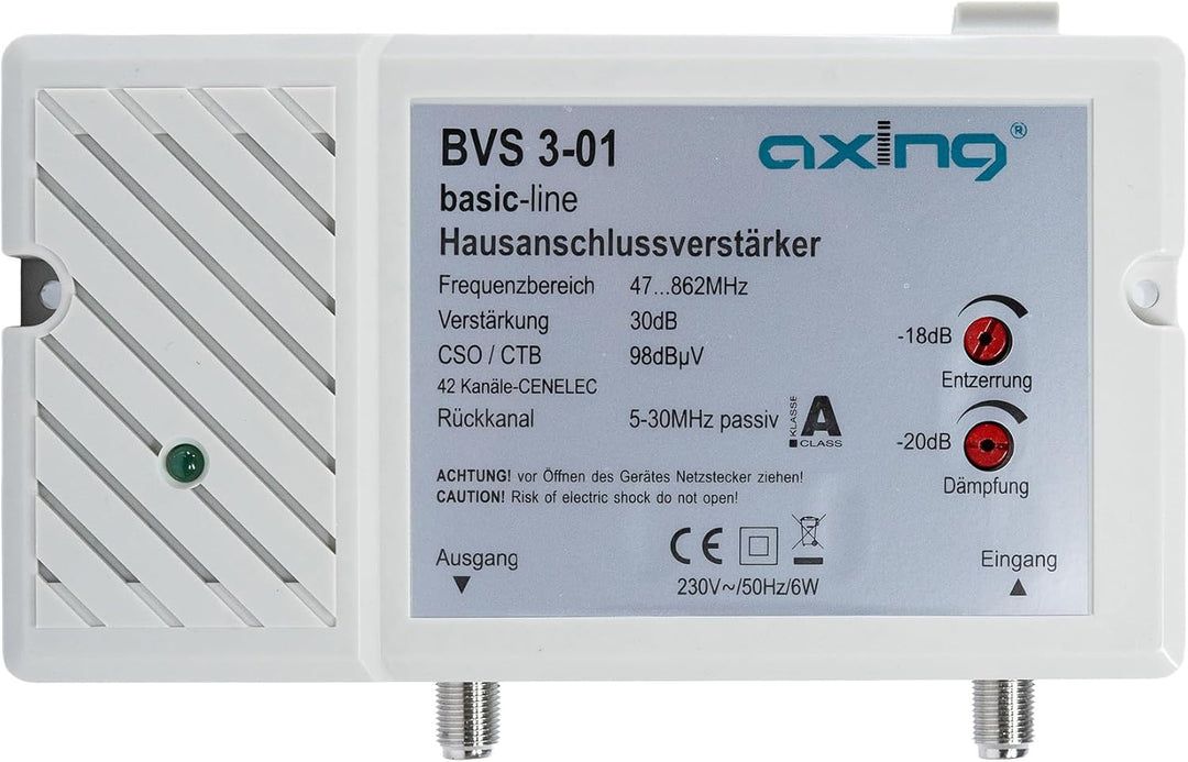 Axing BVS 3-01 Hausanschlussverstärker mit Rückkanal 5-30 MHz (30 dB, 47-862 MHz, 98 dBµV) 47-862 MH