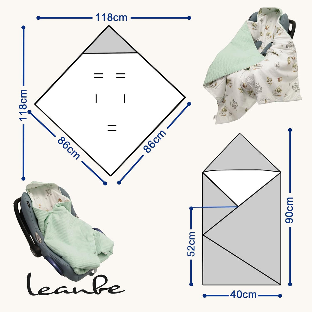 Baby Einschlagdecke Doppelseitig 86x86 cm Baumwolle-Wafellstoff für Kinderwagen und Babybett (Mint W