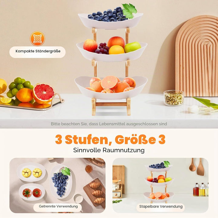 Keramik Obst Etagere mit 3 Etagen,Obstkorb Etagere für die Familie,Obstschale Modern mit Natürlichem