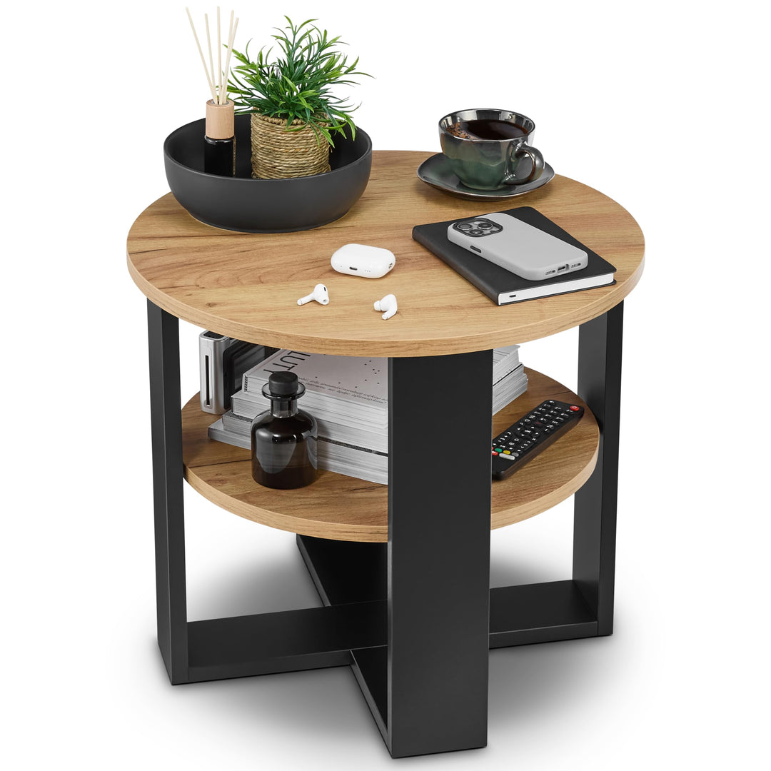 Couchtisch rund Eiche – Kleiner Beistelltisch mit Ablage - 2 Ebenen, runder moderner Kaffeetisch im