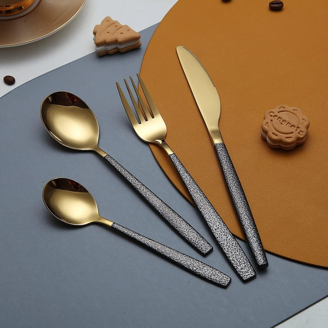 Besteckset 24 Stück Glänzende Goldkopfbeschichtung mit Schwarzem Marsgriff, Edelstahl Titanbeschicht