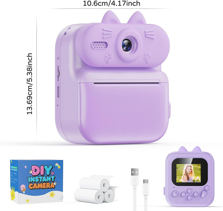 Kinder Sofortbildkamera mit Sofortdruck, 48MP Kamera (Katze-Lila) | Kinderkamera mit Druckpapier, 10