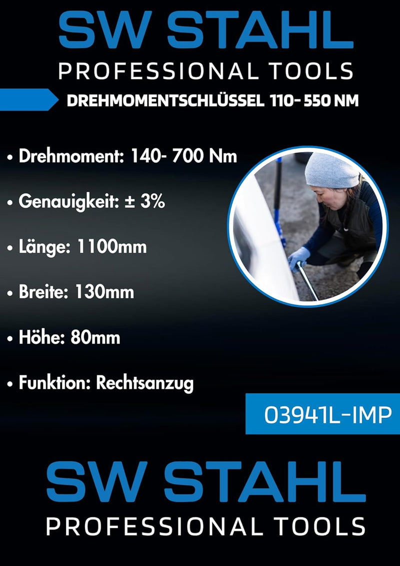 SW-Stahl 03941L-IMP Profi Drehmomentschlüssel 3/4 Zoll 140-700 Nm I Rechtsanzug I Genauigkeit: ± 3%