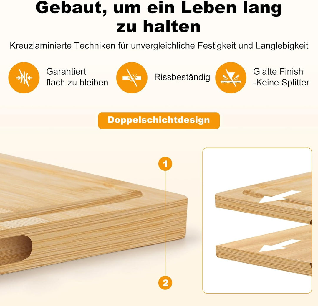Bambus Schneidebrett Set 3-teilig mit Halter – Grosse Küchenbretter aus Bambus (40x28 / 36x24 / 30x2