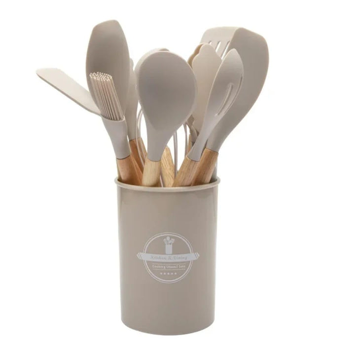 Silikon-Küchenutensilien-Set, 12-teilig, Holzgriffe, Aufbewahrungsbecher (Khaki)