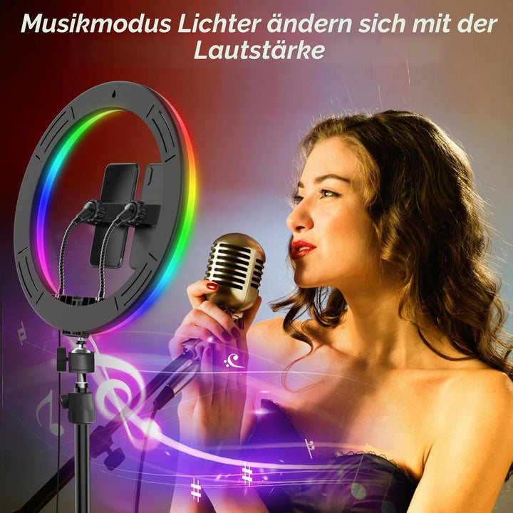 13 Zoll Ringlicht mit Stativ, 1 Tablet-Clip und 2 Handyhalterungen, 3000-6000K,10 Helligkeiten, Musi
