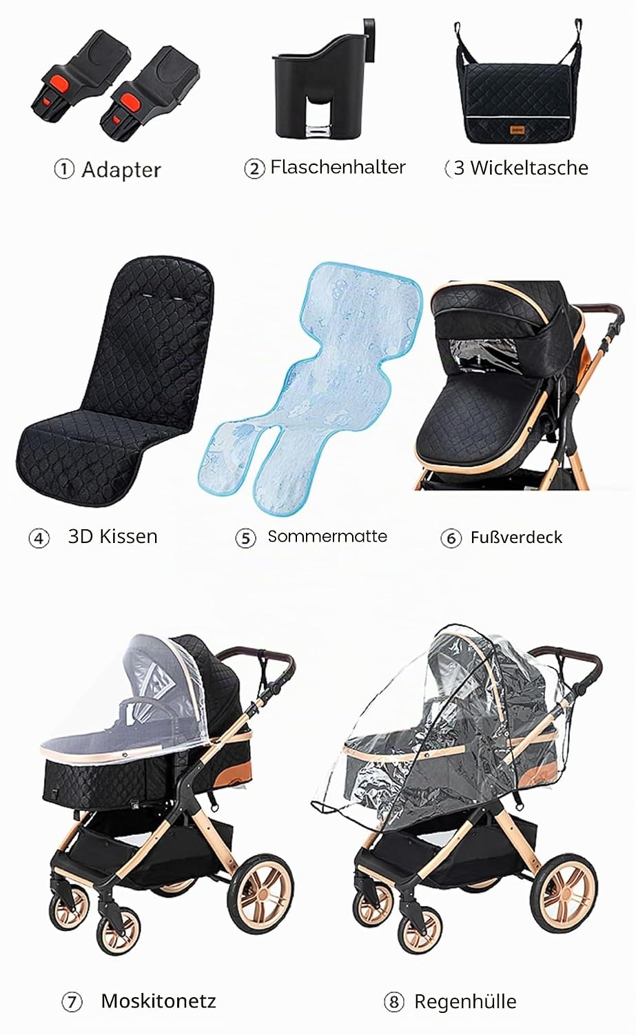 GLOKID Kinderwagen 3 in 1,Reisesysteme, Babywanne,Buggy&amp;Sportsitz,Tragbarer,Voll-Gummireifen,Mit Ein