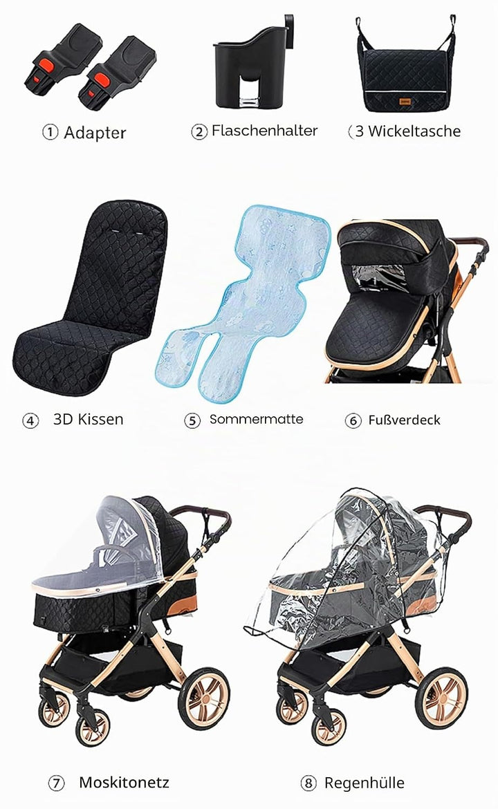 GLOKID Kinderwagen 3 in 1,Reisesysteme, Babywanne,Buggy&amp;Sportsitz,Tragbarer,Voll-Gummireifen,Mit Ein