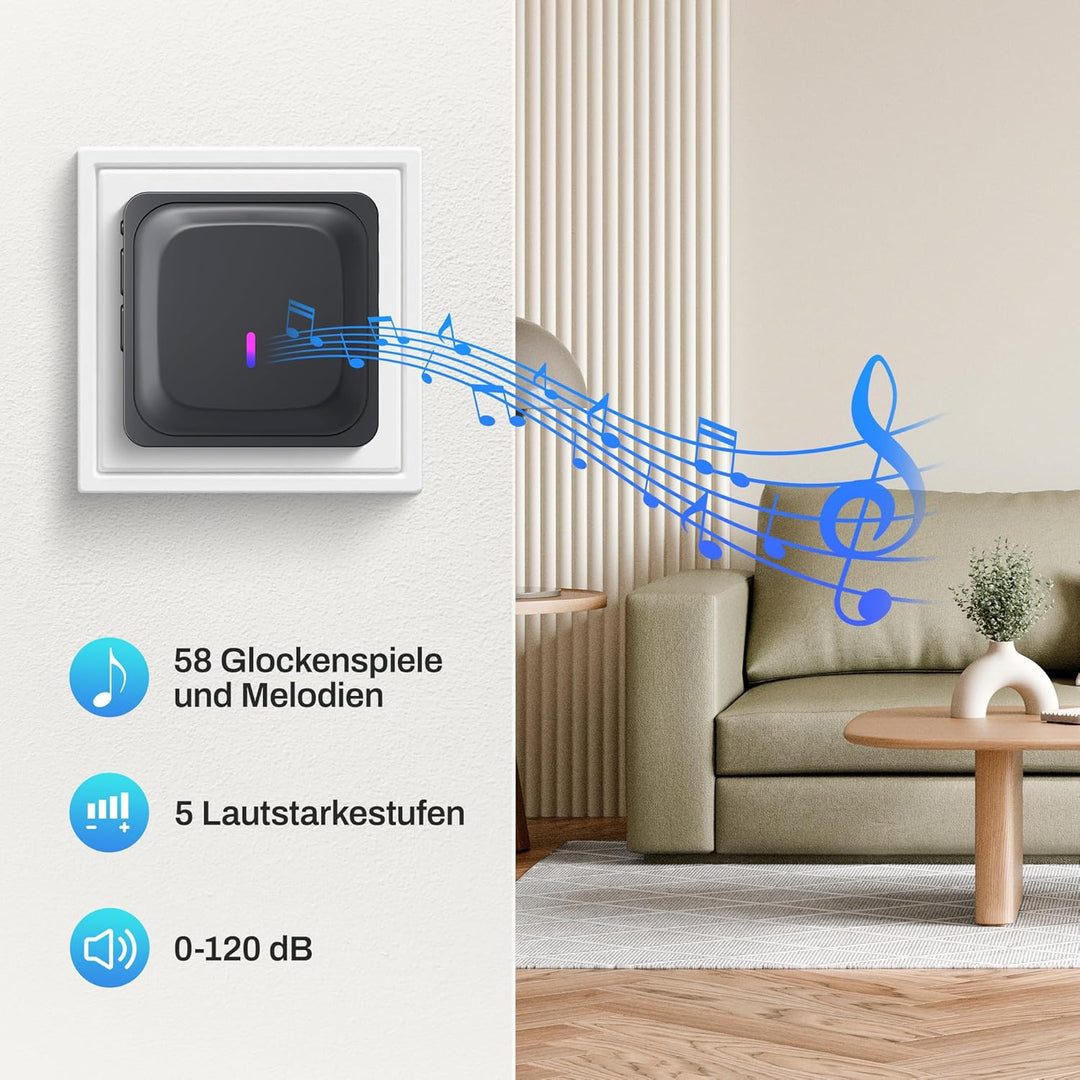 HBN Funkklingel mit 2 Empfängern, Kabellose Türklingel Funk Set, grosse Reichweite Türklingel mit Ba