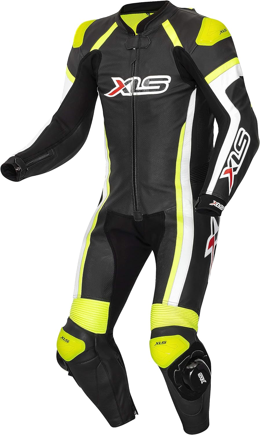 XLS Lederkombi hochwertiger Einteiler Schwarz Weiss Neongelb Motorradkombi einteilig (48), 48