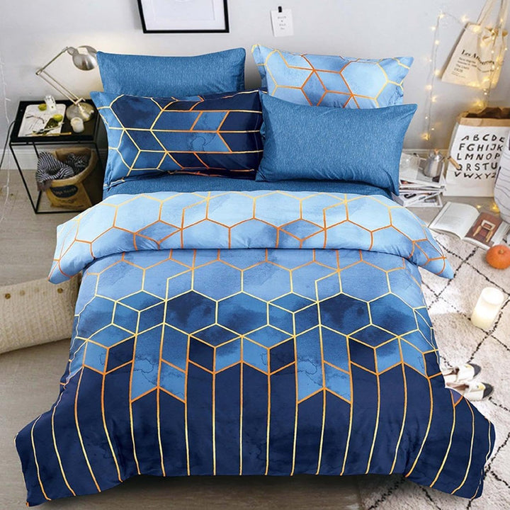 Freyamy Bettwäsche 200x200cm 3 Teilig Blau Kariert Marmor Wendebettwäsche Geometrische Modern Microf