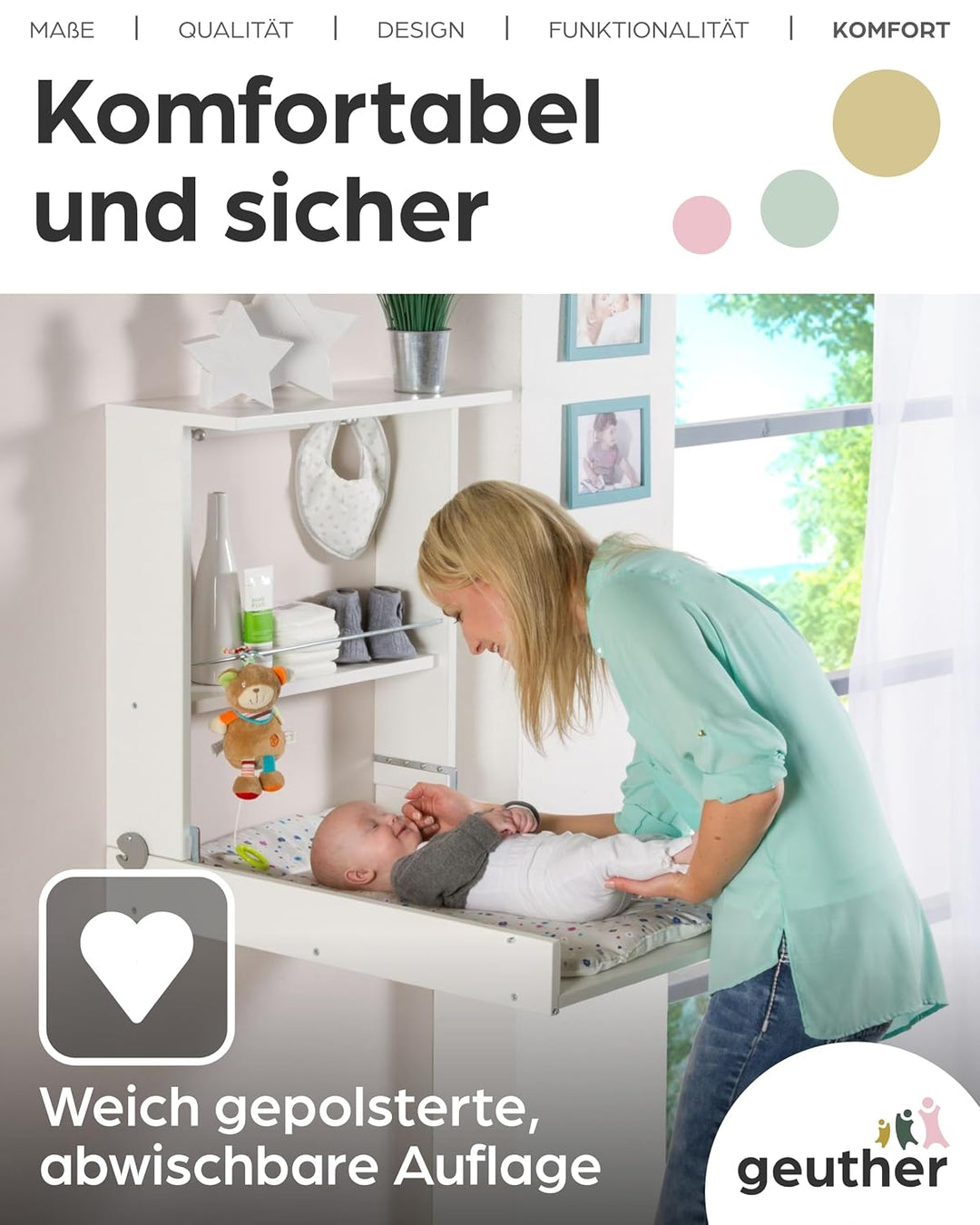 Geuther 4872 Wandwickelregal Wicki Regal mit Wickelauflage Kinderzimmerzubehör einhändig bedienbare