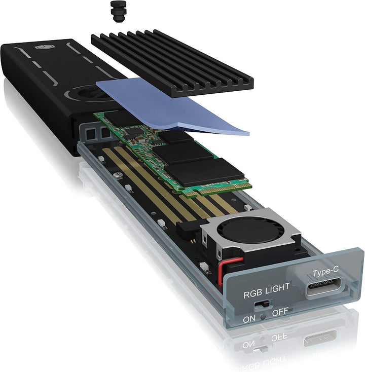 ICY BOX Type-C Gen 2 zu PCIe NVMe M.2 Gaming Gehäuse mit ARGB und Aktiver Kühler, Werkzeuglose Monta