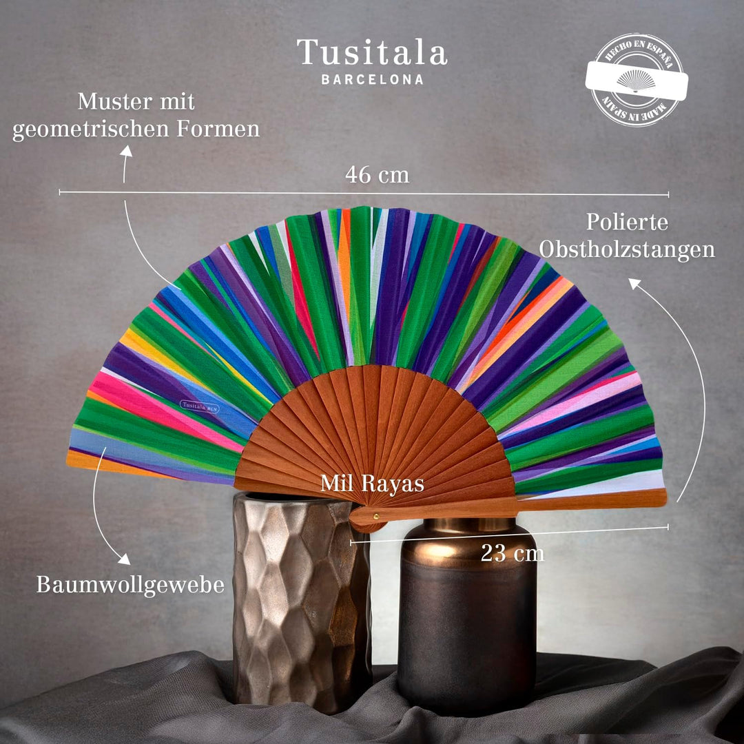 Spanischer Handfächer Asha – Holz und Baumwolle – 23 cm – Etui und Hülle aus Jute – Modeaccessoire –