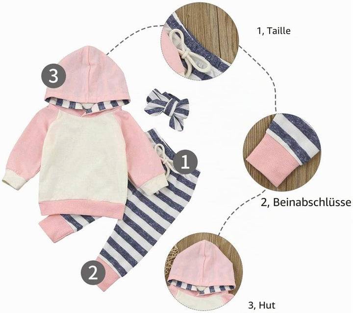 EDOTON Baby Mädchen Outfit 2 Stücke Set Gestreifte Blumen Hoodies mit Tasche Top + Lange Hosen Sweat