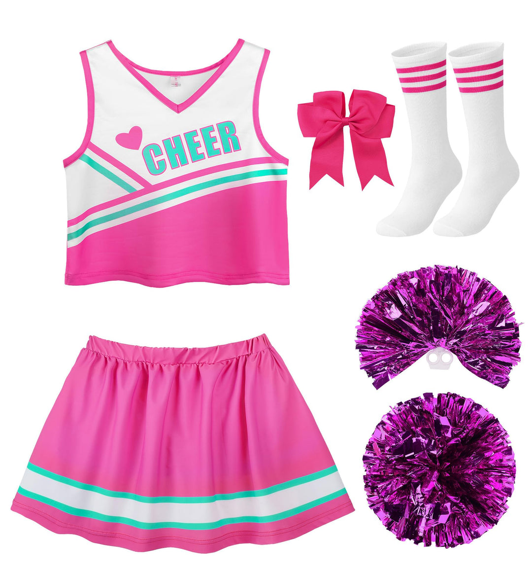 ReliBeauty Cheerleader Kostüm Kinder Kleid mit Pompoms und Kopfschmuck Rosa (Neu) 104 (Etikett 100),