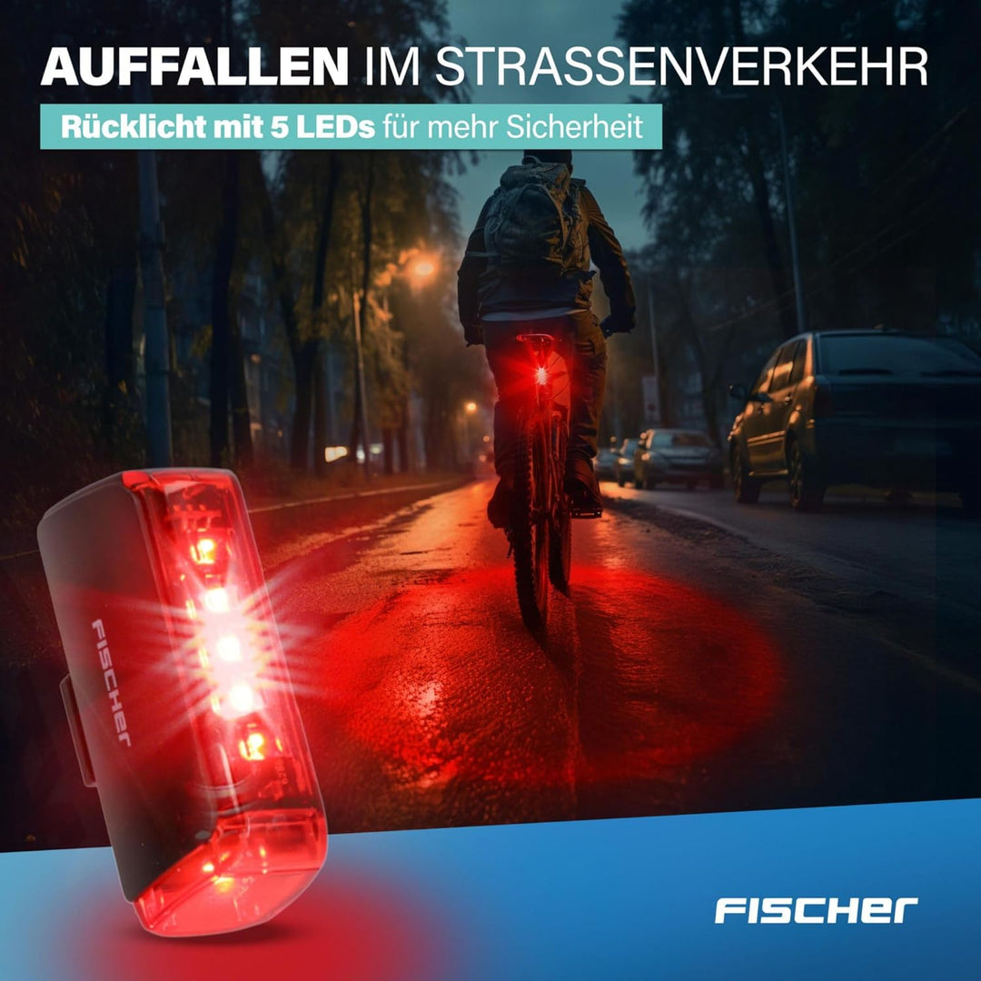 Fischer Twin Fahrradlicht Set, 360° Bodenbeleuchtung, LED Fahrradlampe 80 Lux, Akku aufladbar mit US