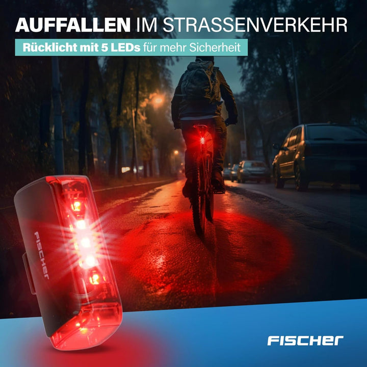 Fischer Twin Fahrradlicht Set, 360° Bodenbeleuchtung, LED Fahrradlampe 80 Lux, Akku aufladbar mit US
