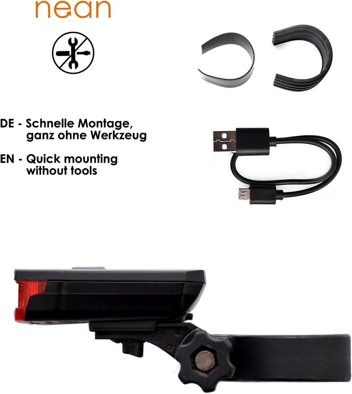 nean CREE LED Akku Fahrradlicht Beleuchtungsset mit Lichtautomatik und Bremslicht, 60 LUX, 6 cd, StV