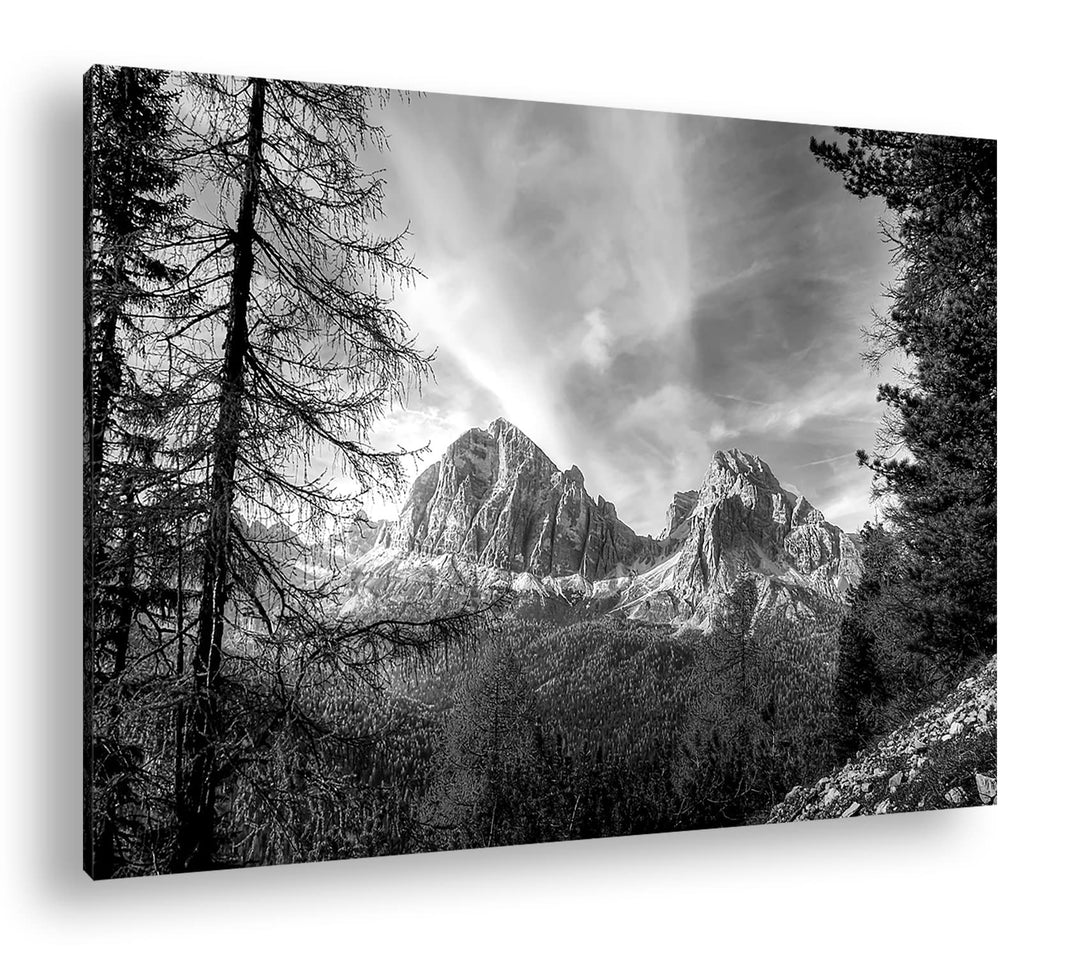 Traumhafte Berglandschaft der Dolomiten Format: 60x40 als Leinwand, Effekt: Schwarz&Weiss, Motiv fer