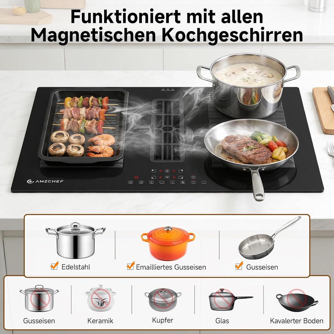 AMZCHEF Induktionskochfeld mit integriertem Dunstabzug 7200W, 4 Kochzonen, Autarkes Muldenlüfter-Koc