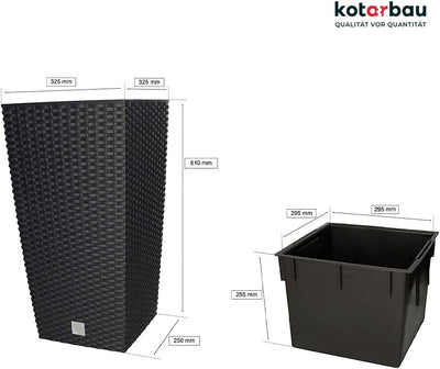 KOTARBAU® Blumentopf 325x325x610mm Rattandesign Quadratisch mit Innentopf Anthrazit, 325x325x610mm