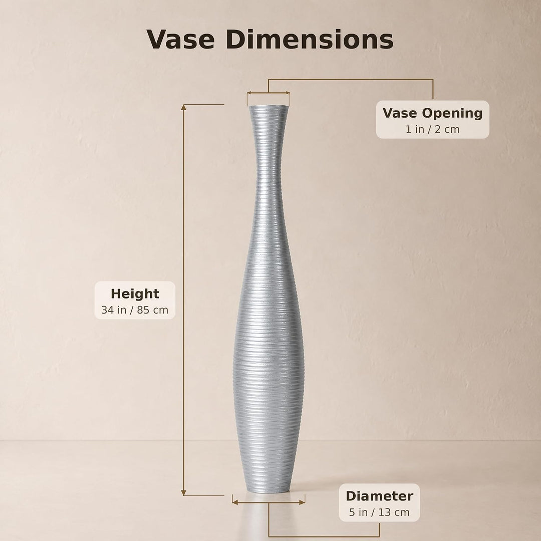 Leewadee Grosse Bodenvase für Dekozweige hohe Standvase Design Holzvase, Holz, 90 cm, Silber 90 cm S